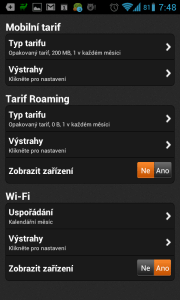 Nastavení tarifů mobilních dat, roamingu a Wi-Fi