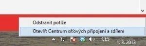 Nejprve klikněte pravým tlačítkem na ikonu síťových připojení v liště u hodin a vyberte Otevřít Centrum síťových připojení a sdílení