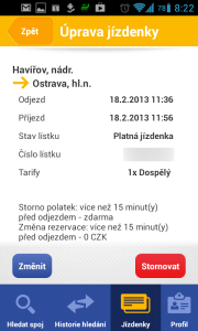 Zakoupenou jízdenku lze změnit nebo stornovat