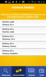 V historii vyhledávání jsou poslední hledané trasy