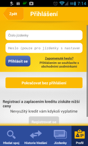 Na úvodní stránce se můžete přihlásit číslem kreditové jízdenky a heslem