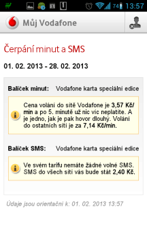 Můj Vodafone: informace o čerpání minut a SMS