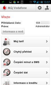Můj Vodafone: úvodní obrazovka