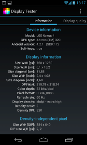 Parametry obrazovky podle aplikace Display Tester