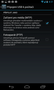 Nexus 4 lze k PC připojit v režimu MTP nebo PTP