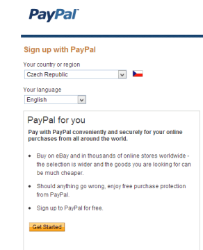 V tomto kroku by měl PayPal automaticky rozpoznat správnou zemi, pokud to neudělá, zvolte Českou republiku ze seznamu ručně. Český jazyk však nenajdete, nechejte tedy raději angličtinu