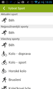 Endomondo Sports Tracker: výběr sportů