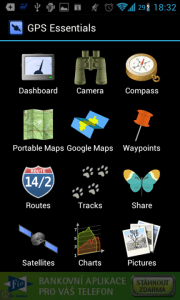 GPS Essentials: hlavní nabídka