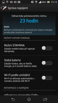 Xperia Z nabízí několik způsobů úspory elektrické energie