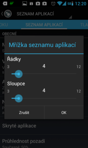 V seznamu aplikací lze zobrazit od 3x3 do 12x12 ikon na obrazovku