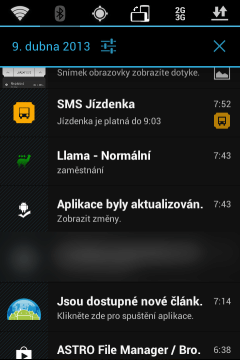 Informace v notifikační liště