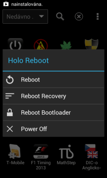 Nabídka aplikace Holo Reboot
