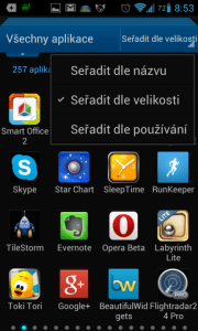 Aplikace můžete třídit podle názvu, velikosti, nebo frekvence použití