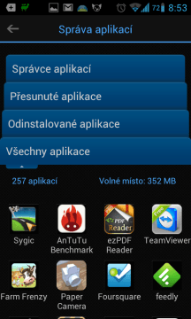 Správce aplikací má čtyři sekce