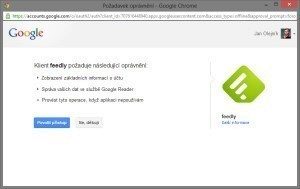 Při pokusu o propojení s Google Reader se vás Feedly nejprve dotáže na povolení