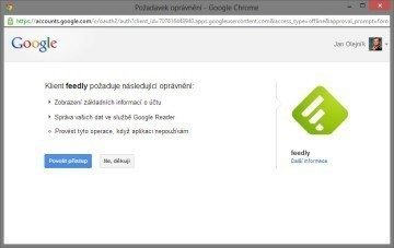 Při pokusu o propojení s Google Reader se vás Feedly nejprve dotáže na povolení