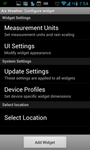 Aix Weather Widget: možnosti nastavení