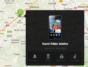 Zobrazení polohy telefonu v mapě a dostupné funkce