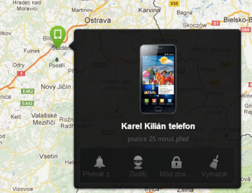 Zobrazení polohy telefonu v mapě a dostupné funkce