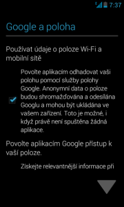 První spuštění - souhlas s použitím polohy Google a svolení s přístupem k informacím o poloze