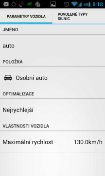 Nastavení parametrů vozidla