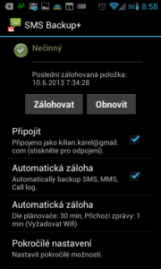 SMS Backup+: úvodní obrazovka