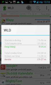 Statistiky časů, kdy telefon spal a pracoval