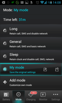 Battery Saver Du&Switch Widget: výběr režimu