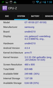 Záložka System (Samsung Galaxy S II)