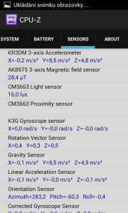 Záložka Sensors (Samsung Galaxy S II)