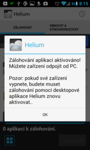 Helium - App Sync and Backup: úspěšná aktivace z počítače