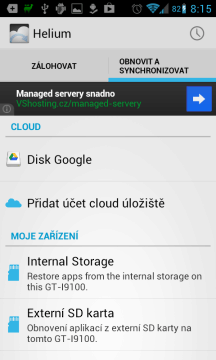 Helium - App Sync and Backup: možnosti uložení zálohy