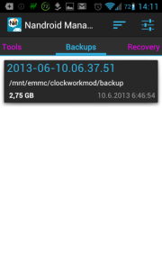 Nandroid Manager: dostupné zálohy