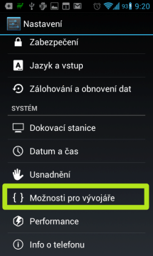 Otevřete Možnosti pro vývojáře