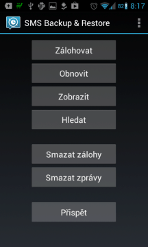 SMS Backup & Restore: úvodní obrazovka