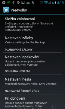 SMS Backup & Restore: možnosti nastavení