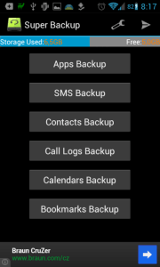 Super Backup : SMS & Contacts: úvodní obrazovka