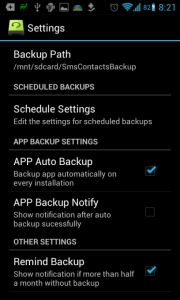 Super Backup : SMS & Contacts: možnosti nastavení