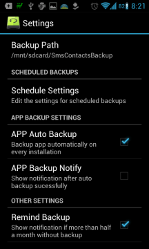 Super Backup : SMS & Contacts: možnosti nastavení