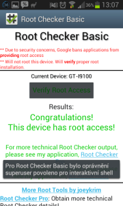 Root Checker hlásí úspěšný root.