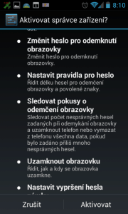 Aktivace aplikace jako správce zařízení