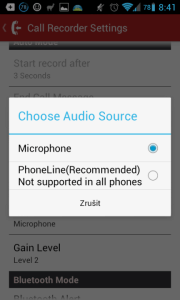 Nastavení záznamu hovorů - zdroj zvuku