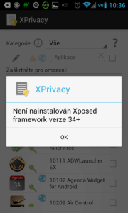 Není nainstalován Xposed framework verze 34+