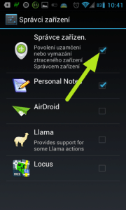 Správce zařízení Android by měl být zobrazen v seznamu s aktivním zatržítkem