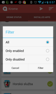 Filtr seznamu aplikací
