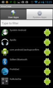 VirusTotal: seznam systémových aplikací