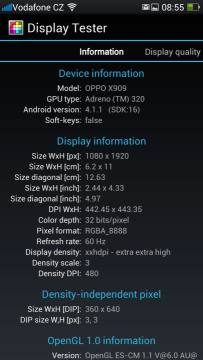 Informace o obrazovce z programu Display Tester