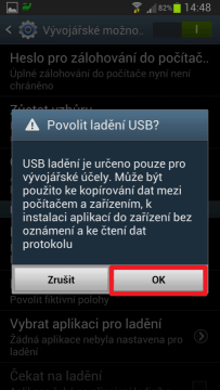Potvrďte, že chcete povolit ladění USB