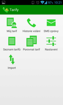 Hlavní obrazovka aplikace Tarify