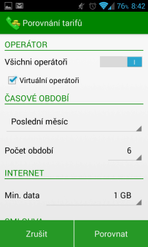 Nastavení požadavků na tarif